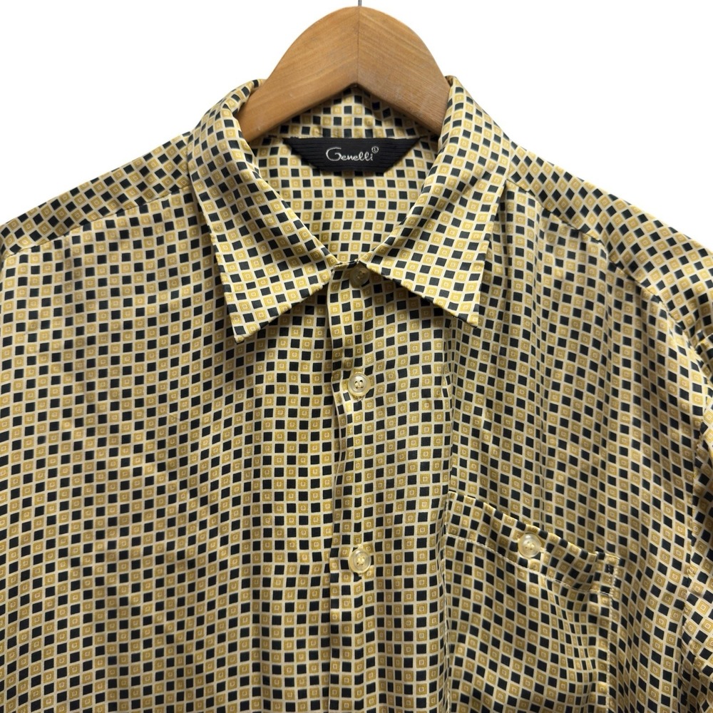 Genelli Vtg Men's L Yellow/Black Geometric Squares Satin Silk Button Front Shirt